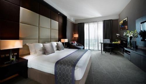 马六甲马六甲瑞园酒店的酒店客房设有一张大床和一张书桌。