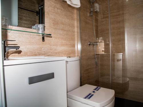 乌迪亚莱斯堡Catamarán的一间带卫生间和玻璃淋浴间的浴室