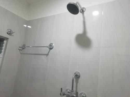 加德满都Manaslu Homestay的浴室设有淋浴,墙上装有镜子
