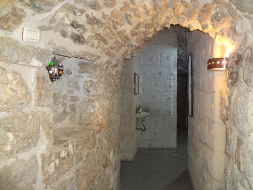 耶路撒冷Jaffa Gate Hostel的带石墙、水槽和卫生间的浴室
