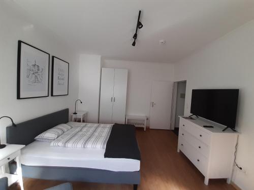 卡塞尔Apartment in zentraler Lage Kassels的一间卧室配有一张床和一台平面电视