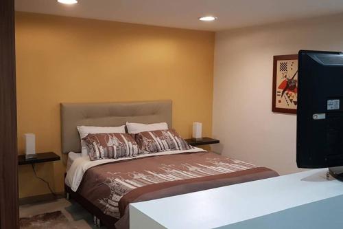 波哥大Apartamento Parque Virrey的一间卧室配有一张床和一台平面电视
