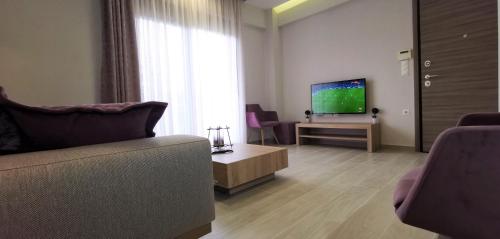 尼基季Nikiti Modern Villa的带沙发和电视的客厅