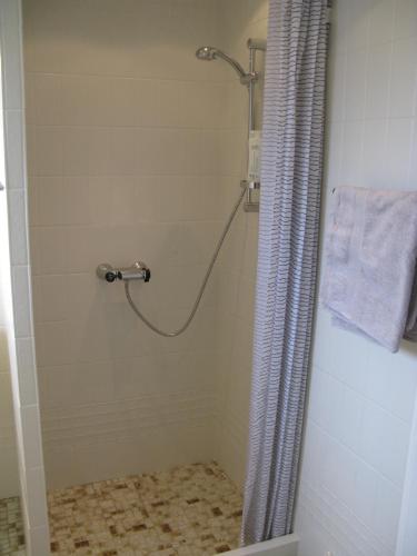 韩德斯泰德Fuglevænget的浴室内配有淋浴帘。