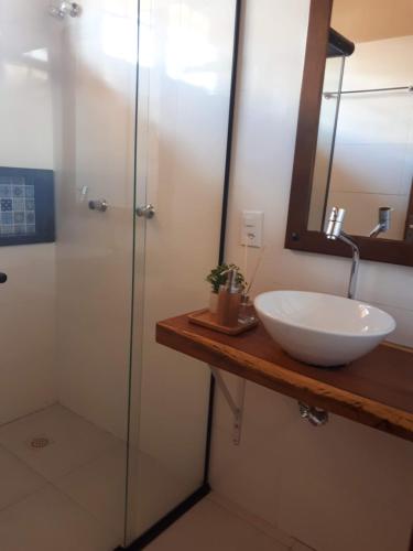 戈亚斯州上帕莱索Vila Gaia Guest House的浴室配有盥洗盆和带镜子的淋浴