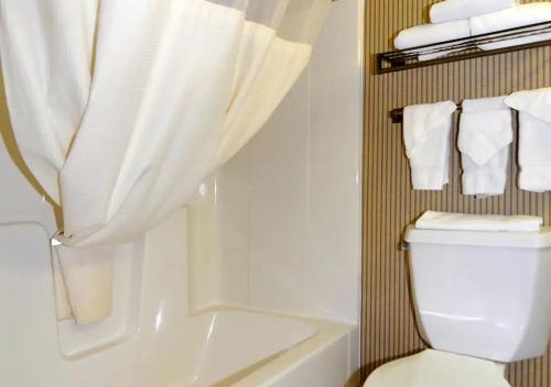 伊根Norwood Inn & Suites Eagan St Paul & Mall of America的浴室设有卫生间和带毛巾的淋浴。