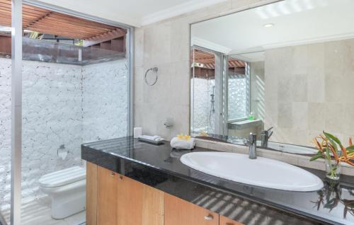 金巴兰Villa Hening Jimbaran的一间带水槽、卫生间和镜子的浴室