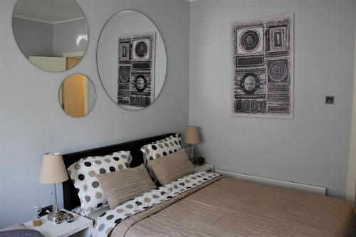 贝尔格莱德Apartment Skadarlija的一间卧室配有一张床和镜子