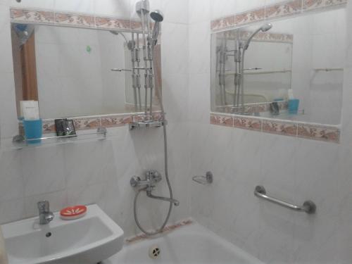 阿拉木图Apartments on Koktem 1的带淋浴、盥洗盆和镜子的浴室