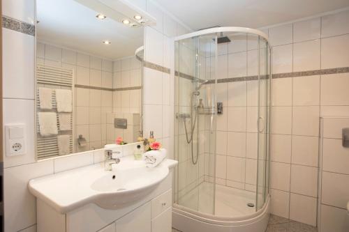 梅舍德林登霍夫酒店的白色的浴室设有水槽和淋浴。