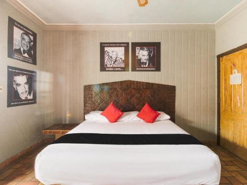 蒙克洛瓦Hotel Olimpia的卧室配有带红色枕头的大型白色床