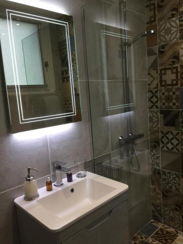 MontazelsChez Montiz的浴室配有盥洗盆和带镜子的淋浴