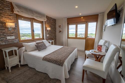 Villapedre埃尔皮纳尔酒店 的一间卧室配有一张床、一台电视和一把椅子