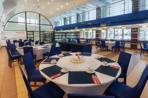 比亚沃布热吉Rewita Rynia的大型用餐室配有桌子和蓝色的椅子