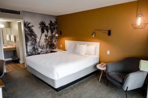 棕榈泉Vagabond Motor Hotel - Palm Springs的配有一张床和一把椅子的酒店客房