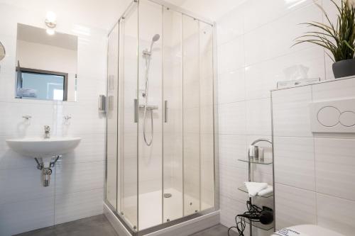BarweilerFast Lane Hotel的带淋浴和盥洗盆的浴室
