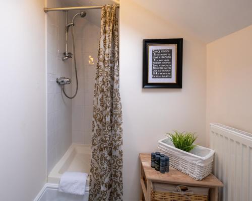 赖德Luxury Living, Stylish Modern Apartment in the Heart of Ryde的带淋浴和浴帘的浴室