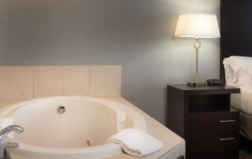 Le Claire勒克莱尔河滨 - 达文波特智选假日酒店的一间带浴缸、台灯和床的浴室