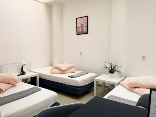 卡托维兹Hostel Kamienica Rynek 7的一间设有三张床的客房,配有粉红色枕头