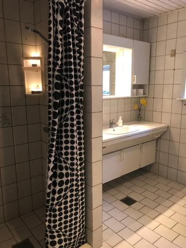 腓特烈西亚Hotel Medio Fredericia的一间带水槽和淋浴帘的浴室