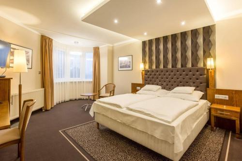 布达佩斯佐尼依花园酒店的酒店客房设有一张大床和一台电视。