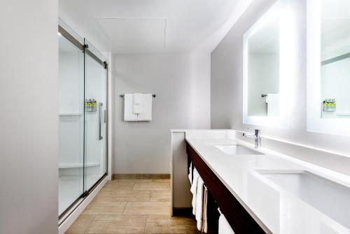 圣安娜Holiday Inn Express & Suites Santa Ana - Orange County, an IHG Hotel的白色的浴室设有水槽和淋浴。