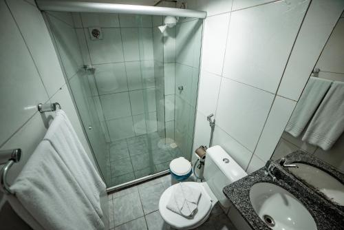 格拉瓦塔Hotel Três Palmeiras的带淋浴、卫生间和盥洗盆的浴室