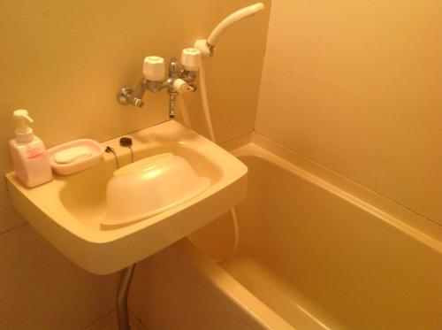 洞爷湖小泉贝提酒店的浴室配有盥洗盆和浴缸。