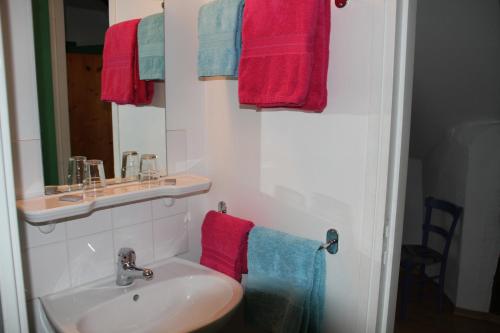 拉吉约勒奥伯格杜坎贝尔酒店的浴室设有水槽和红色及蓝色毛巾。