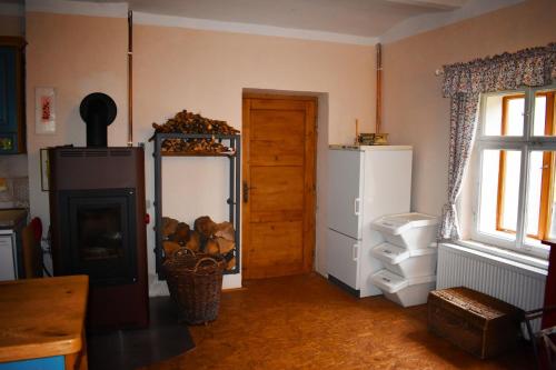梅图耶河畔特普利采Chalupa Ádr u Duchků的客房设有冰箱、窗户和门