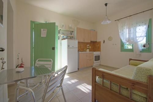 KastrisiánikaAnemohadi Apartments的厨房以及带桌子和冰箱的用餐室