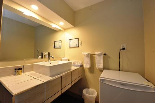 魁北克市旅游酒店的一间带水槽、卫生间和镜子的浴室