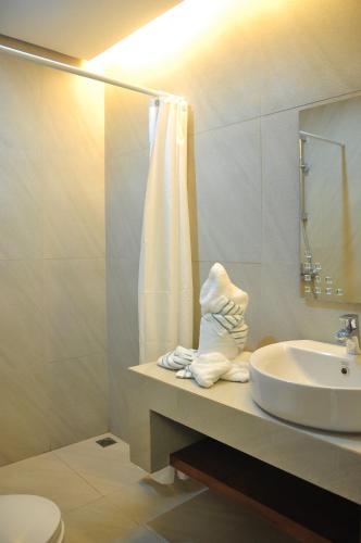 公主港巴拉望绿地酒店的一间带水槽、淋浴和卫生间的浴室