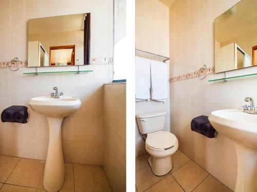 底拉斯卡拉Hotel De La Loma的浴室设有水槽和卫生间,两幅图片