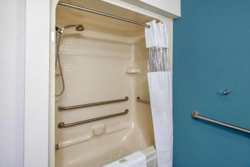 波斯特福尔斯Sleep Inn near Washington State Line的带淋浴和浴帘的浴室