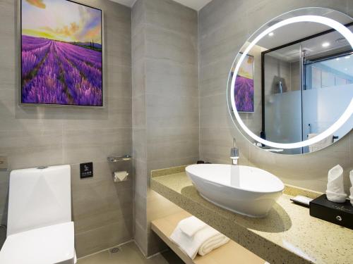 张家界麗枫酒店·张家界天门山大庸府城店的一间带水槽和镜子的浴室