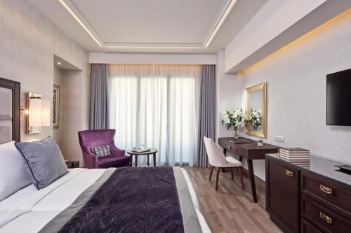 雅典埃雷特拉都市酒店的酒店客房配有一张床、一张书桌和一台电视。