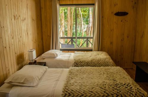 柴滕Cabañas Parque Michimahuida的卧室设有两张床,带窗户