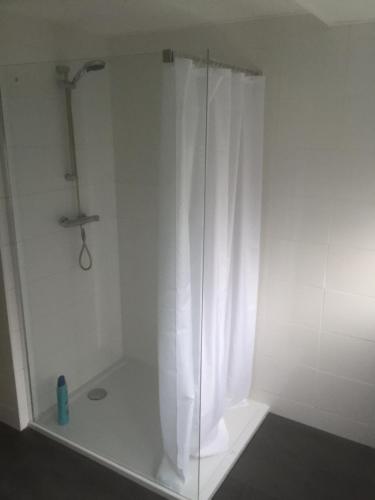 奈弗达尔Op Nijverdal的白色浴室内带窗帘的淋浴