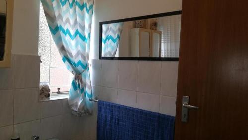 比勒陀利亚Bottie's Rock的浴室设有镜子和蓝色的浴帘
