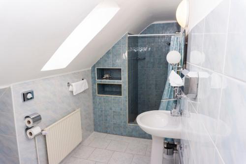 捷克克鲁姆洛夫Hotel Barbakan的一间带水槽和淋浴的浴室
