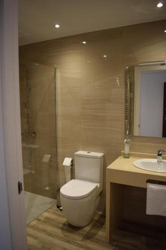 EndrinalHotel Restaurante Racha的浴室配有卫生间、盥洗盆和淋浴。