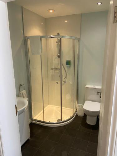戴斯Ivy Cottage-Serviced accommodation的带淋浴和卫生间的浴室