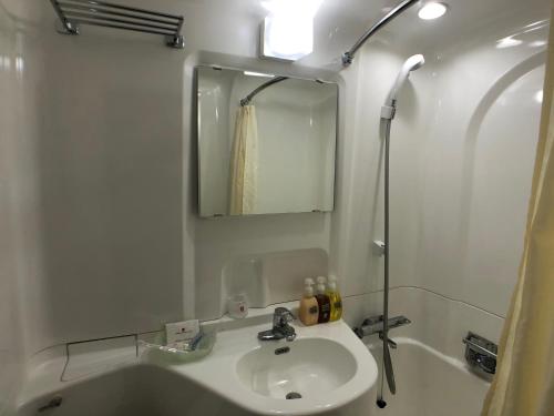 釜石Hotel Crown Hills Kamaishi的浴室配有盥洗盆、镜子和浴缸