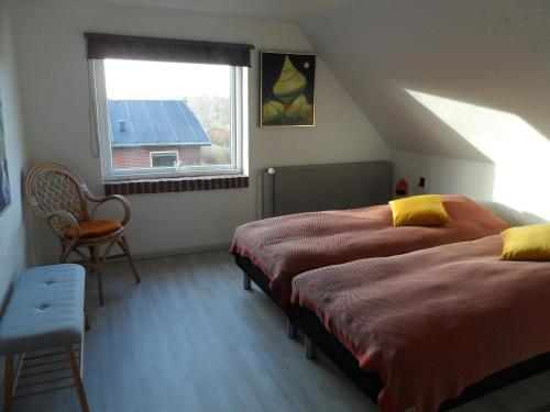 韦斯特维Logi i hus med kunst og have的配有2张床的带窗户和椅子的客房