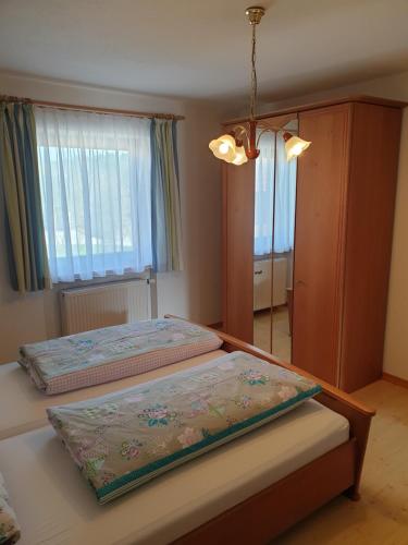 ThurmansbangFerienhof Murr的一间卧室设有两张床和大窗户