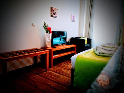丰沙尔Casa dos Avós Apartments的一间卧室配有一张床和一张桌子及电视