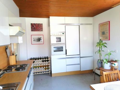 霍恩埃姆斯Dimai House 1970s的厨房配有白色橱柜和冰箱。