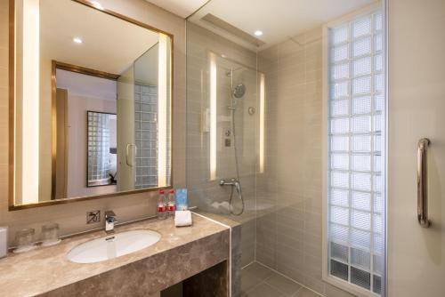 沈阳沈阳金廊智选假日酒店  的一间带水槽和镜子的浴室