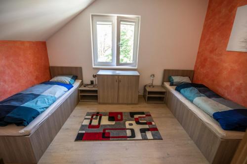 切尔韦纳沃达Apartmány pod Jeřábem, Šanov 67, Červená Voda的地板上带地毯的客房内的两张床